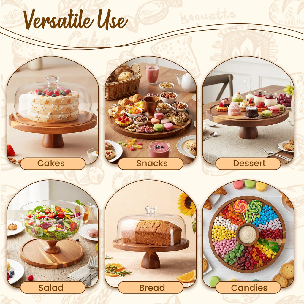 Doulami 12 Inch Cake Stand with Glass Dome, Wooden Cake Display Stand, Multifunctional Serving Tray for Dessert Fruit Salad