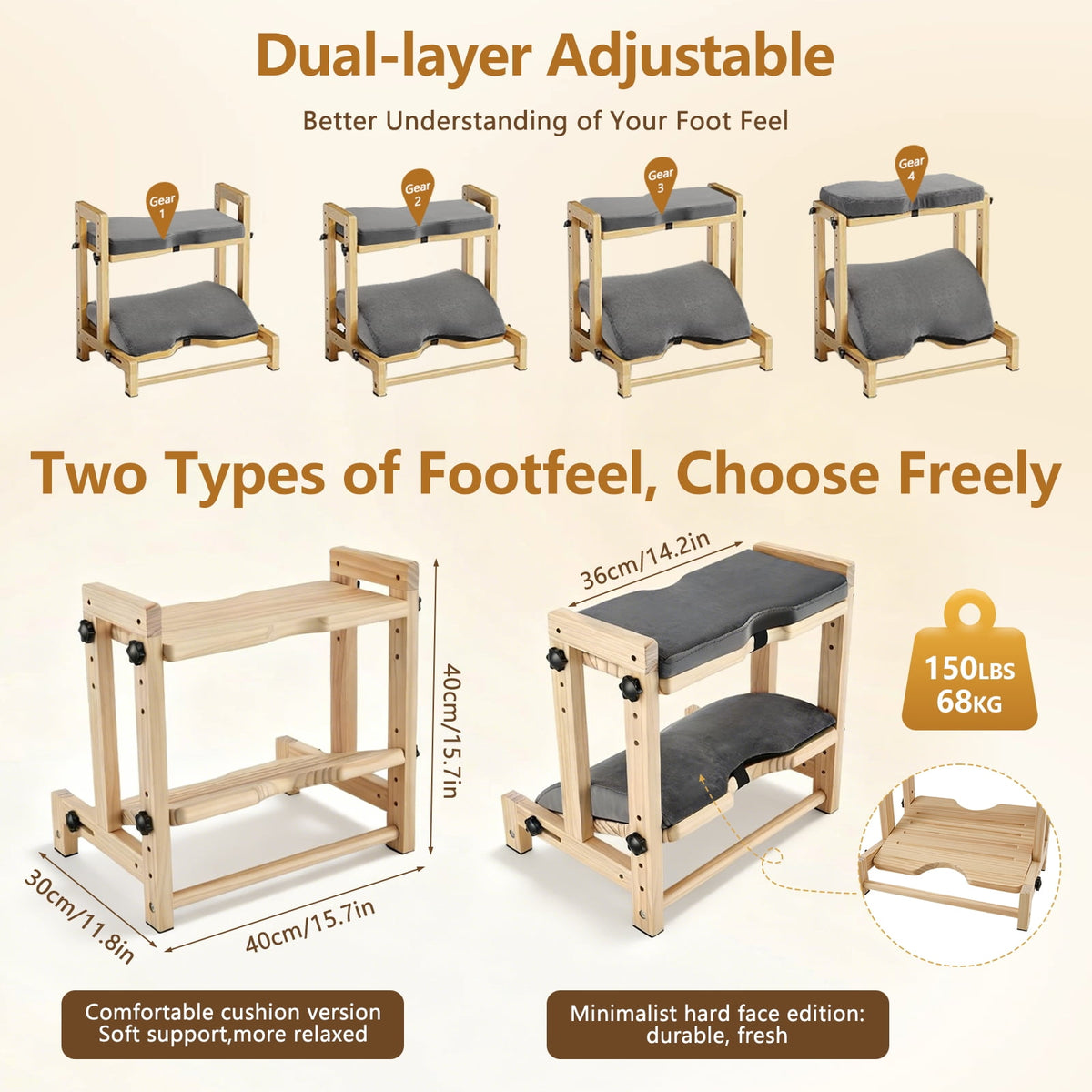 Wooden Foot Rest Under Desk, 2-Tier Adjustable Under Desk Footrest with Removable Washable Cushion, Ergonomic Office Foot Rest Under Desk for Home & Work, 4 Height Levels, 150 lbs