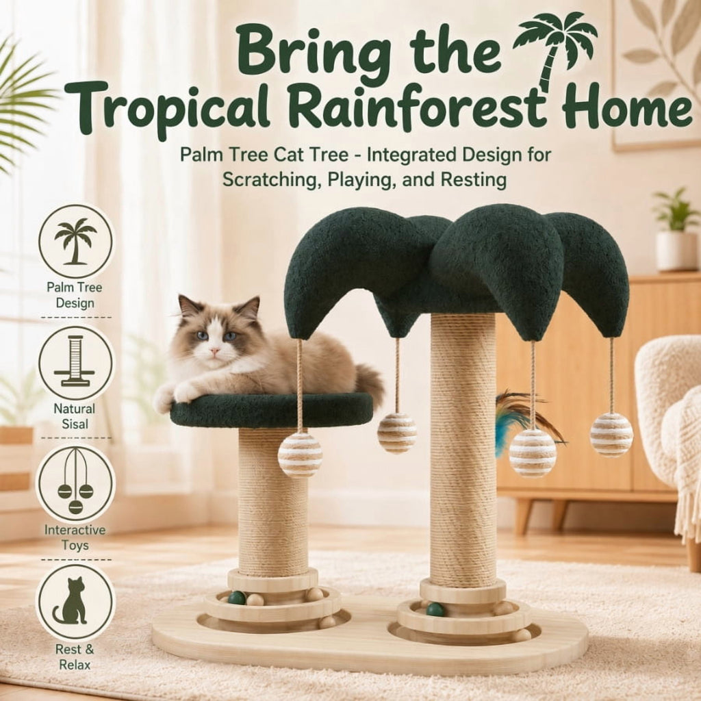 Doulami Cat Scratching Post, Palm Tree Cat Tree Tower with Sisal Posts, Dual Platforms, Hanging Balls and Feather Teaser for Indoor Cats