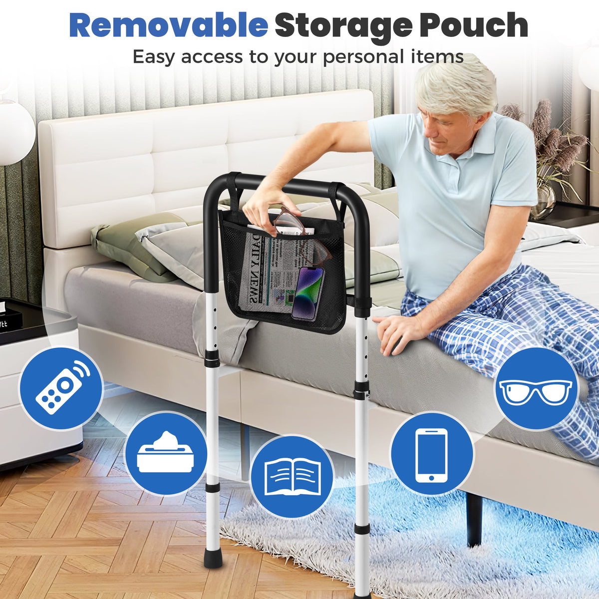 Doulami Bed Assist Rail for Elderly Adults Height Adjustable Bedside Standing Bar for Seniors Safety Bed Handle with Leg Fall Prevent Grab Bar with Storage Pocket