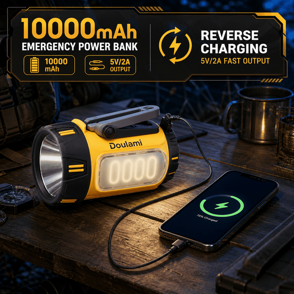 Doulami 100000 Lumen Rechargeable LED Spotlight Flashlight, Built-in 10000mAh Large Capacity Battery, IP67 Waterproof Handheld Torch with Foldable Stand for Camping Hiking Emergency