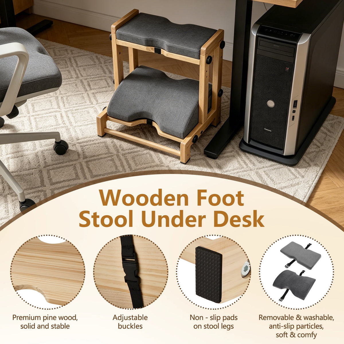 Wooden Foot Rest Under Desk, 2-Tier Adjustable Under Desk Footrest with Removable Washable Cushion, Ergonomic Office Foot Rest Under Desk for Home & Work, 4 Height Levels, 150 lbs