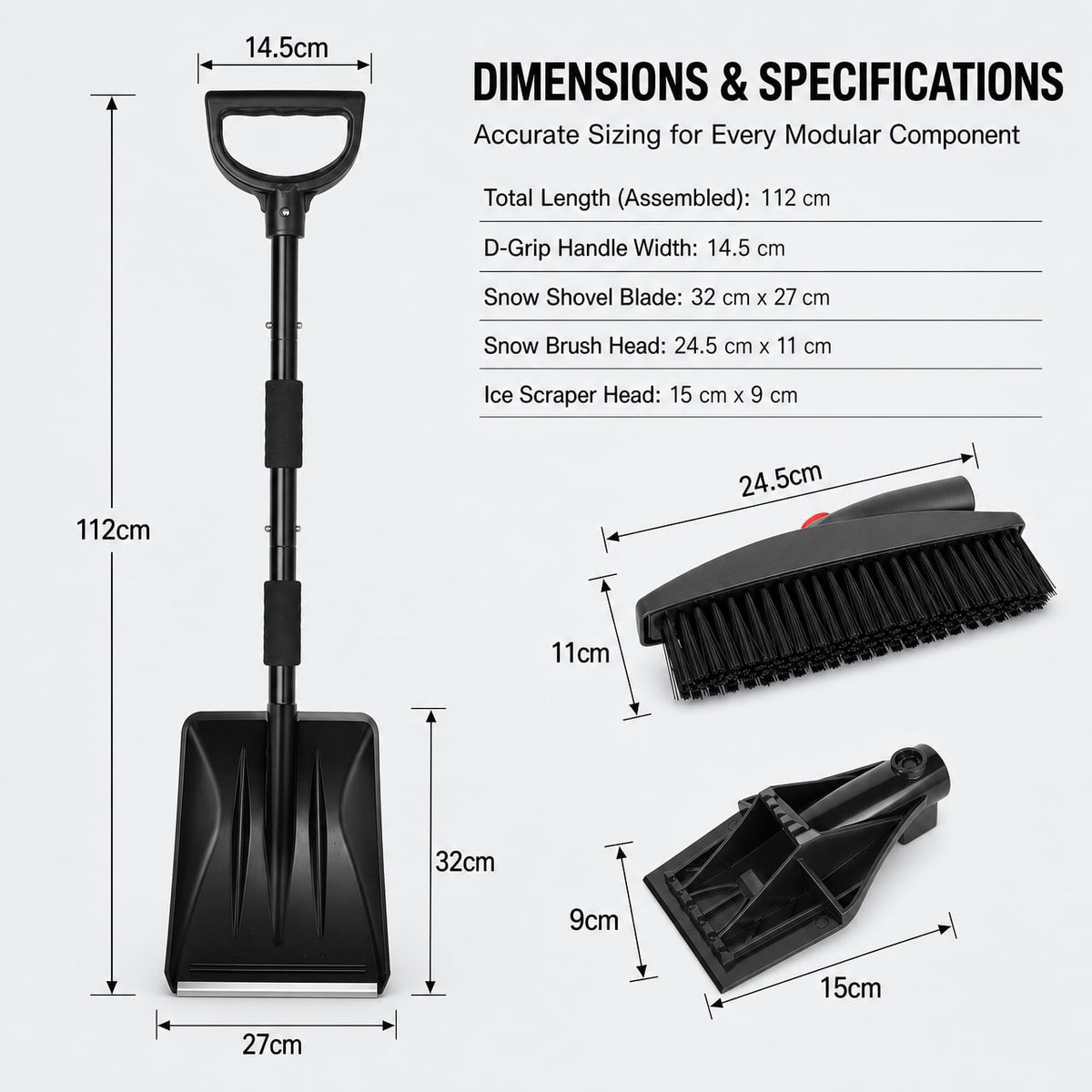 Doulami snow shovel and Ice Scraper 3-in-1 Car Snow Removal Kit, Adjustable Extension Handle with Brush, Square Snow Shovel and Ice Scraper, 95 x 24 x 14 cm