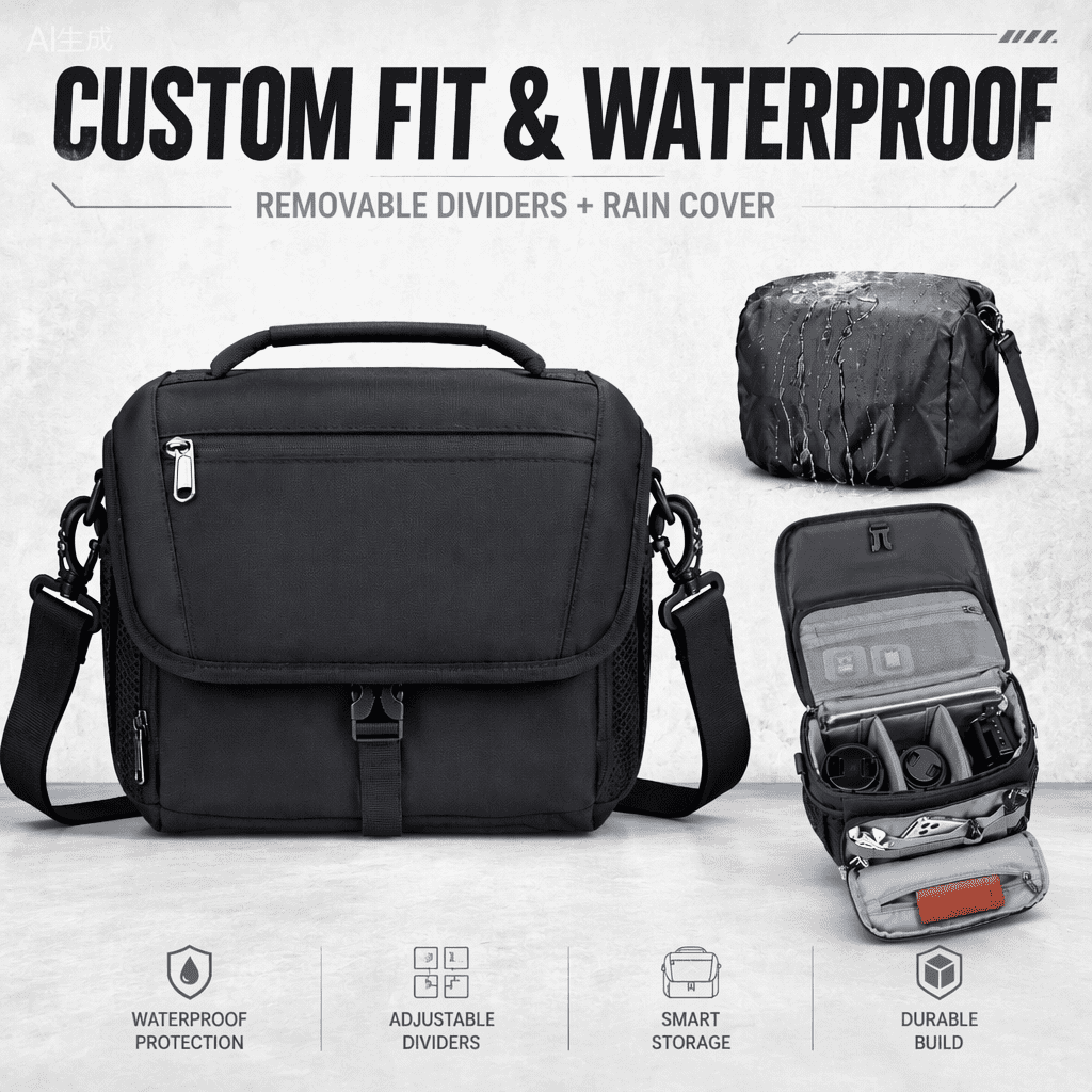 Doulami Camera Crossbody Sling Bag, Shockproof DSLR Mirrorless, Waterproof Rain Cover & Tripod Holder, Custom Dividers Adjustable Strap, Black