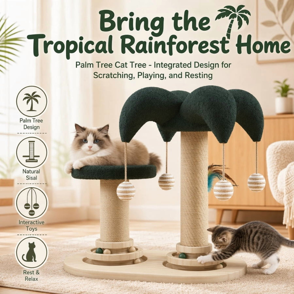 Doulami Cat Scratching Post, Palm Tree Cat Tree Tower with Sisal Posts, Dual Platforms, Hanging Balls and Feather Teaser for Indoor Cats