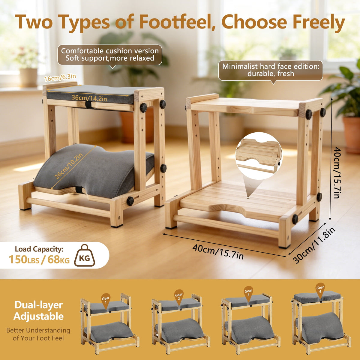 Wooden Foot Rest Under Desk, 2-Tier Adjustable Under Desk Footrest with Removable Washable Cushion, Ergonomic Office Foot Rest Under Desk for Home & Work, 4 Height Levels, 150 lbs