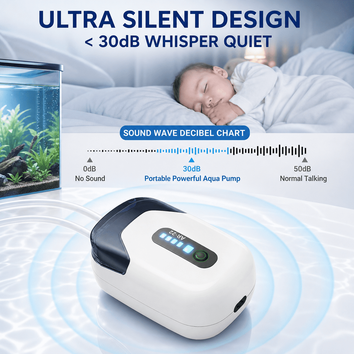 Doulami Aquarium Air Pump USB Rechargeable – Ultra Quiet Portable Bubble Aerator, Up to 70-Hour Runtime with Intermittent Mode, Stable Aeration for Fish Tanks, Betta Bowls & Outdoor Use