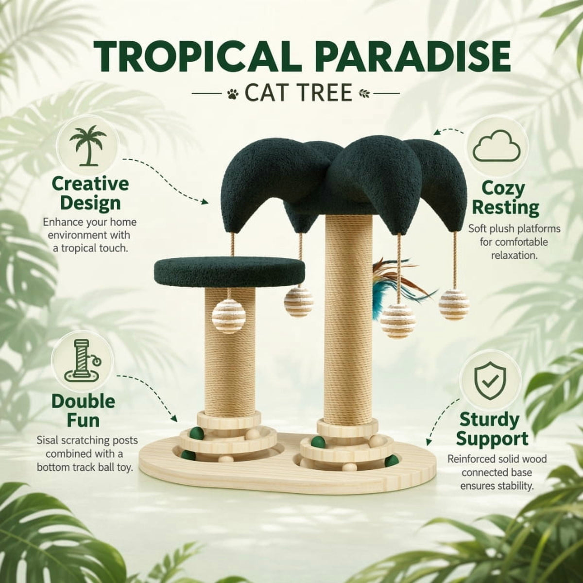 Doulami Cat Scratching Post, Palm Tree Cat Tree Tower with Sisal Posts, Dual Platforms, Hanging Balls and Feather Teaser for Indoor Cats