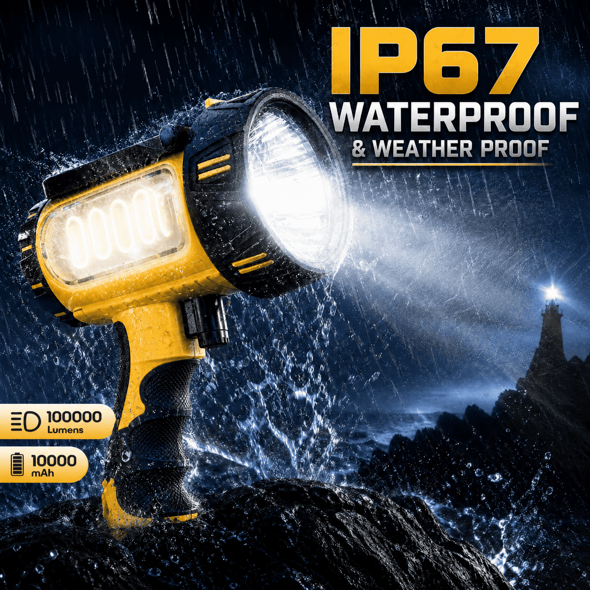 Doulami 100000 Lumen Rechargeable LED Spotlight Flashlight, Built-in 10000mAh Large Capacity Battery, IP67 Waterproof Handheld Torch with Foldable Stand for Camping Hiking Emergency