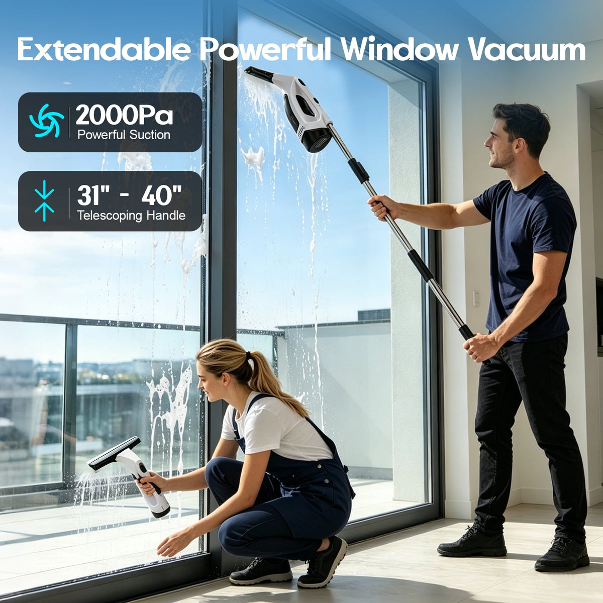 Window Vacuum Squeegee with 31-40" Extension Pole, 2000Pa Electric Window Cleaner Tool with 150ml Tank, 2200mAh Cordless Window Vacuum for Windows, Shower Doors, Mirrors and Tiles